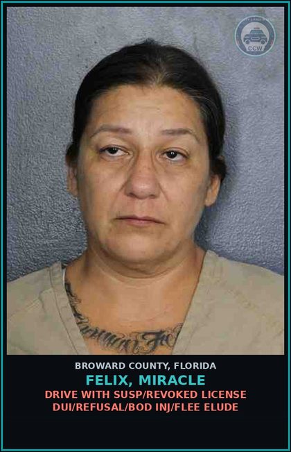 CCW arrest card for FELIX, MIRACLE in Broward County: DRIVE WITH SUSP/REVOKED LICENSE DUI/REFUSAL/BOD INJ/FLEE ELUDE