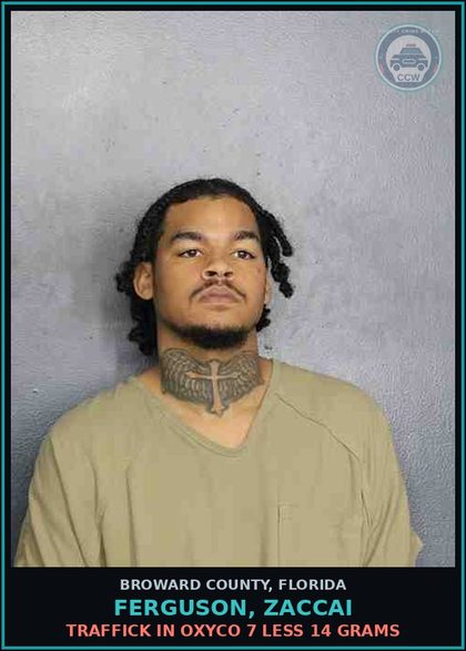 CCW arrest card for FERGUSON, ZACCAI in Broward County: TRAFFICK IN oxyco 7 LESS 14 GRAMS