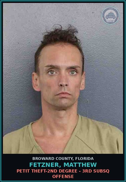CCW arrest card for FETZNER, MATTHEW in Broward County: PETIT THEFT-2ND DEGREE - 3RD SUBSQ OFFENSE