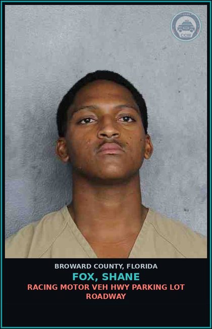 CCW arrest card for FOX, SHANE in Broward County: RACING MOTOR VEH HWY PARKING LOT ROADWAY