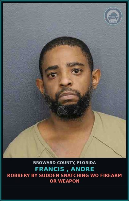 CCW arrest card for FRANCIS , ANDRE in Broward County: ROBBERY BY SUDDEN SNATCHING WO FIREARM OR WEAPON