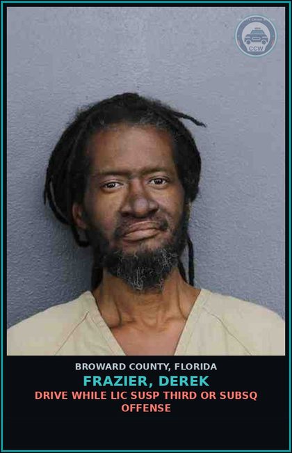CCW arrest card for FRAZIER, DEREK in Broward County: DRIVE WHILE LIC SUSP THIRD OR SUBSQ OFFENSE