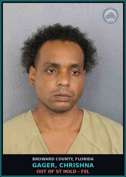 CCW arrest card for GAGER, CHRISHNA in Broward County: OUT OF ST HOLD - FEL