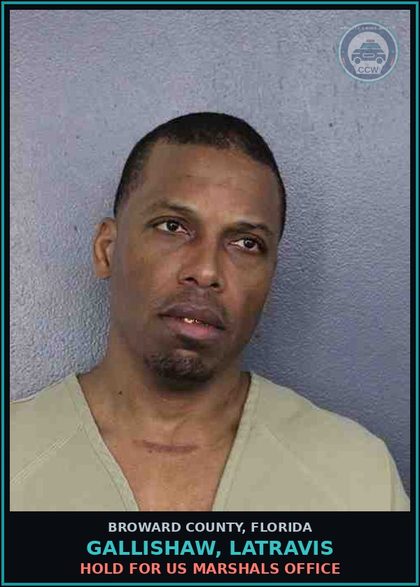 CCW arrest card for GALLISHAW, LATRAVIS in Broward County: HOLD FOR US MARSHALS OFFICE