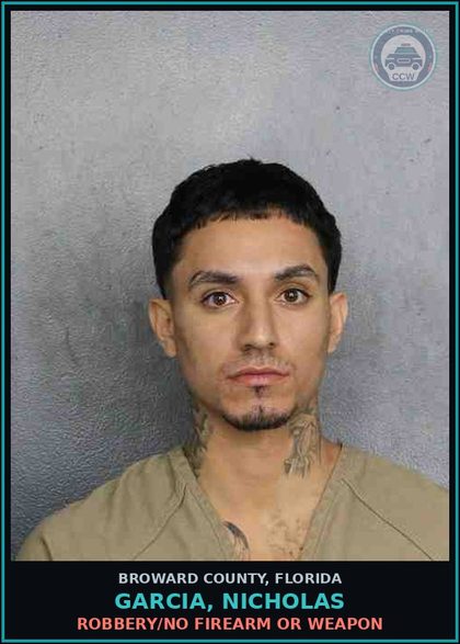 CCW arrest card for GARCIA, NICHOLAS in Broward County: ROBBERY/NO FIREARM OR WEAPON