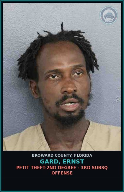 CCW arrest card for GARD, ERNST in Broward County: PETIT THEFT-2ND DEGREE - 3RD SUBSQ OFFENSE