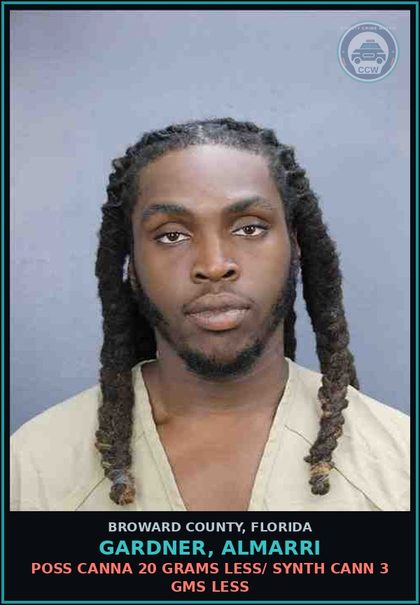 CCW arrest card for GARDNER, ALMARRI in Broward County: POSS Canna 20 GRAMS LESS/ SYNTH CANN 3 GMS LESS