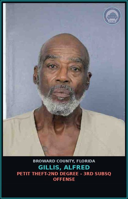 CCW arrest card for GILLIS, ALFRED in Broward County: PETIT THEFT-2ND DEGREE - 3RD SUBSQ OFFENSE