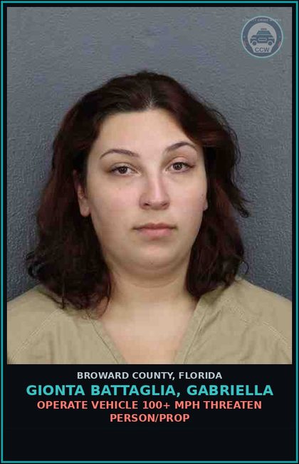 CCW arrest card for GIONTA BATTAGLIA, GABRIELLA in Broward County: OPERATE VEHICLE 100+ MPH THREATEN PERSON/PROP