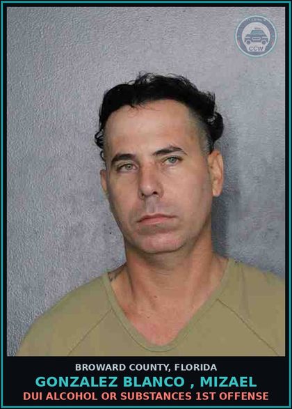 CCW arrest card for GONZALEZ BLANCO , MIZAEL in Broward County: DUI ALCOHOL OR DRUGS  1ST OFFENSE
