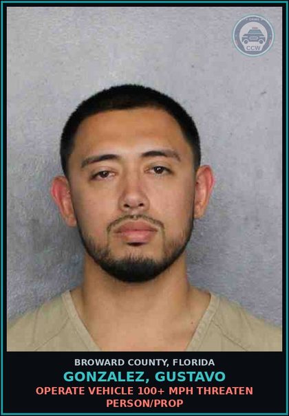 CCW arrest card for GONZALEZ, GUSTAVO in Broward County: OPERATE VEHICLE 100+ MPH THREATEN PERSON/PROP