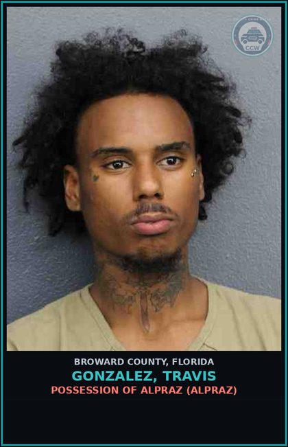 CCW arrest card for GONZALEZ, TRAVIS in Broward County: POSSESSION OF ALPRAZ (XANAX)