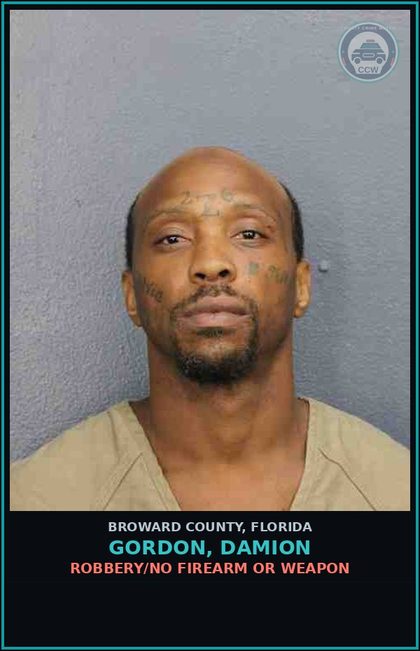 CCW arrest card for GORDON, DAMION in Broward County: ROBBERY/NO FIREARM OR WEAPON