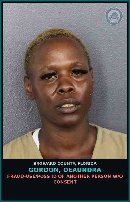 CCW arrest card for GORDON, DEAUNDRA in Broward County: RESTRICTON FOR WNDOW BEHND DRV
