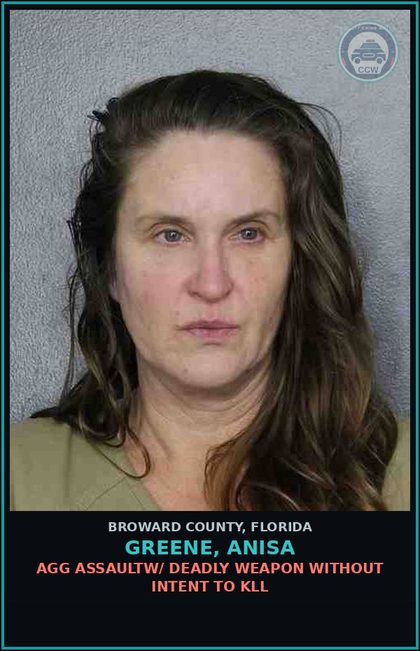 CCW arrest card for GREENE, ANISA in Broward County: AGG ASSAULTW/ DEADLY WEAPON WITHOUT INTENT TO KILL