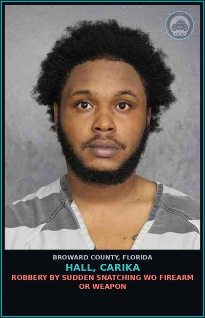 CCW arrest card for HALL, CARIKA in Broward County: ROBBERY BY SUDDEN SNATCHING WO FIREARM OR WEAPON