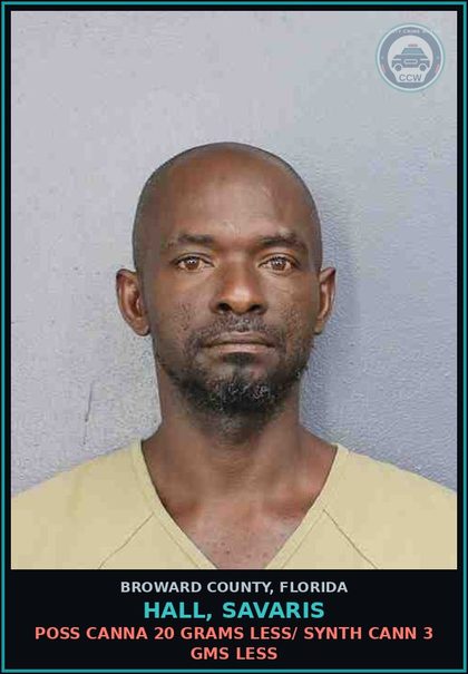 CCW arrest card for HALL, SAVARIS in Broward County: POSS Canna 20 GRAMS LESS/ SYNTH CANN 3 GMS LESS