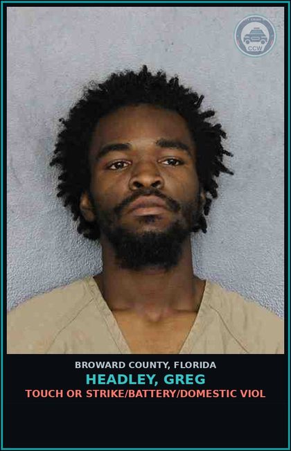 CCW arrest card for HEADLEY, GREG in Broward County: TOUCH OR STRIKE/BATTERY/DOMESTIC VIOL