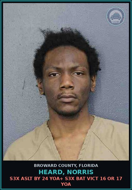 CCW arrest card for HEARD, NORRIS in Broward County: s3x ASLT BY 24 YOA+ s3x BAT VICT 16 OR 17 YOA