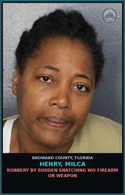 CCW arrest card for HENRY, MILCA in Broward County: ROBBERY BY SUDDEN SNATCHING WO FIREARM OR WEAPON