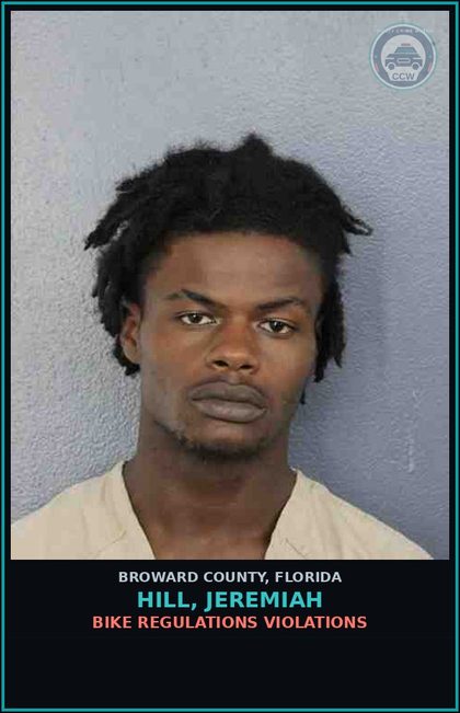 CCW arrest card for HILL, JEREMIAH in Broward County: BIKE REGULATIONS VIOLATIONS   
