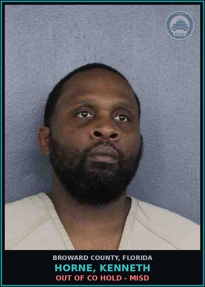 CCW arrest card for HORNE, KENNETH in Broward County: OUT OF CO HOLD - MISD