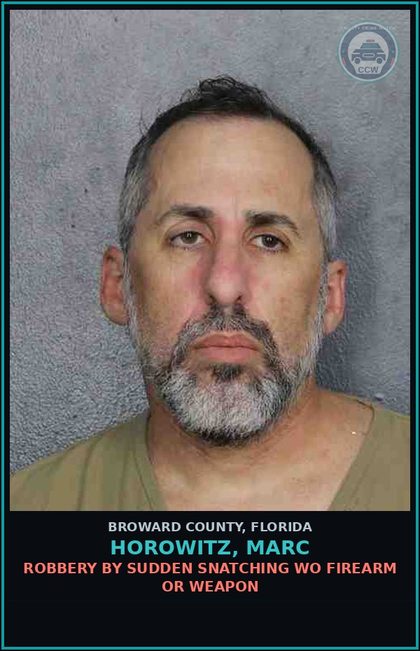 CCW arrest card for HOROWITZ, MARC in Broward County: ROBBERY BY SUDDEN SNATCHING WO FIREARM OR WEAPON