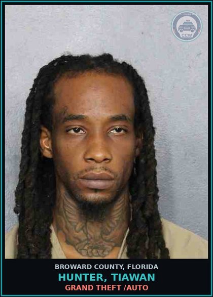 CCW arrest card for HUNTER, TIAWAN in Broward County: GRAND THEFT /AUTO