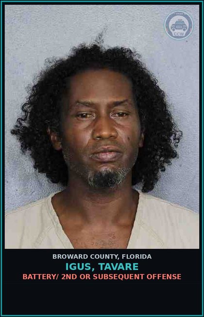 CCW arrest card for IGUS, TAVARE in Broward County: TRESPASSING OCCUPIED STRUCTURE OR CONVEYANCE