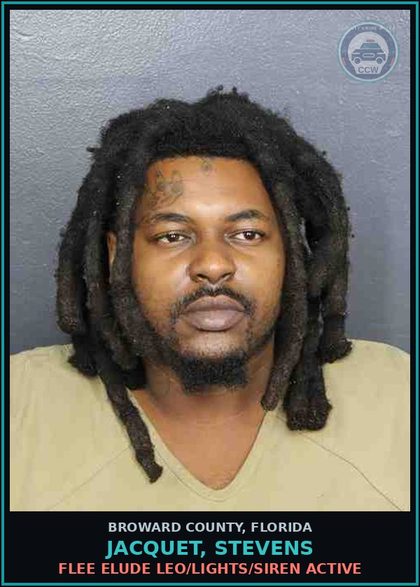 CCW arrest card for JACQUET, STEVENS in Broward County: FLEE  ELUDE LEO/LIGHTS/SIREN ACTIVE
