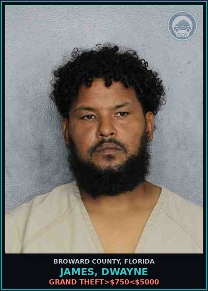 CCW arrest card for JAMES, DWAYNE in Broward County: GRAND THEFT>$750<$5000