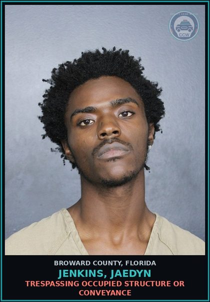 CCW arrest card for JENKINS, JAEDYN in Broward County: TRESPASSING OCCUPIED STRUCTURE OR CONVEYANCE