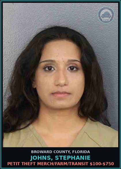 CCW arrest card for JOHNS, STEPHANIE in Broward County: PETIT THEFT MERCH/FARM/TRANSIT $100-$750