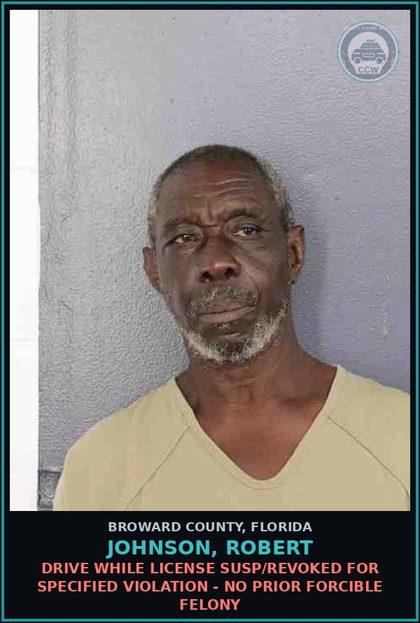 CCW arrest card for JOHNSON, ROBERT in Broward County: DRIVE WHILE LICENSE SUSP/REVOKED FOR SPECIFIED VIOLATION - NO PRIOR FORCIBLE FELONY