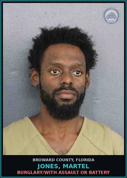 CCW arrest card for JONES, MARTEL in Broward County: BURGLARY/WITH ASSAULT OR BATTERY