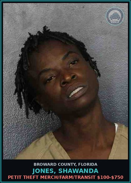 CCW arrest card for JONES, SHAWANDA in Broward County: PETIT THEFT MERCH/FARM/TRANSIT $100-$750