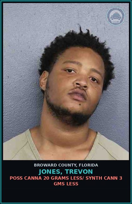 CCW arrest card for JONES, TREVON in Broward County: POSS Canna 20 GRAMS LESS/ SYNTH CANN 3 GMS LESS