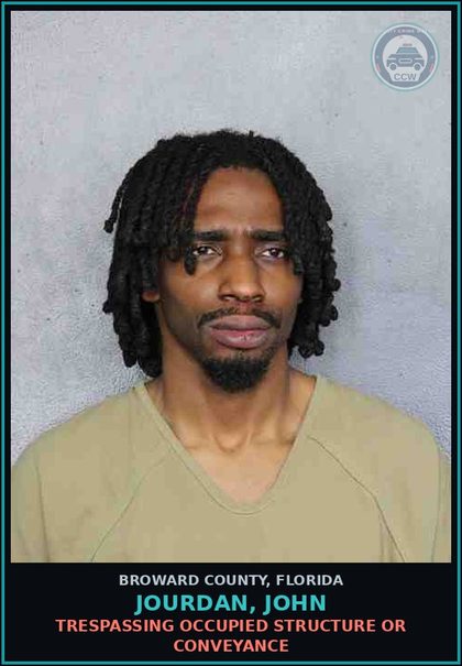 CCW arrest card for JOURDAN, JOHN in Broward County: TRESPASSING OCCUPIED STRUCTURE OR CONVEYANCE