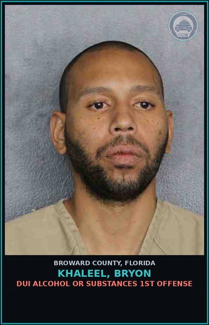 CCW arrest card for KHALEEL, BRYON in Broward County: DUI ALCOHOL OR DRUGS  1ST OFFENSE