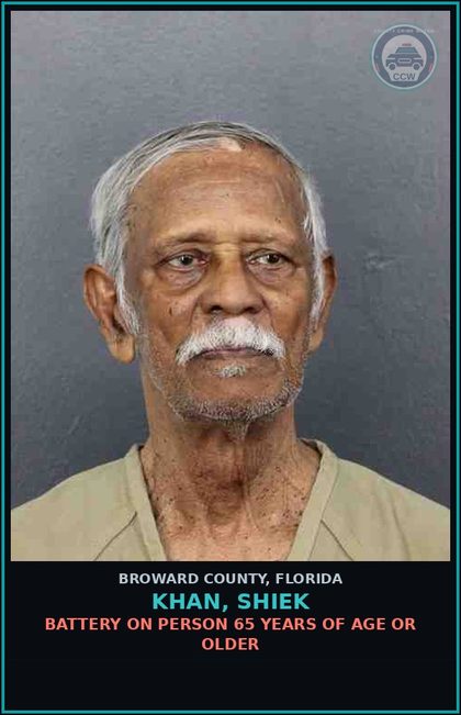 CCW arrest card for KHAN, SHIEK in Broward County: BATTERY ON PERSON 65 YEARS OF AGE OR OLDER