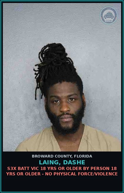 CCW arrest card for LAING, DASHE in Broward County: s3x BATT VICTIM 18 YRS OR OLDER BY PERSON 18 YRS OR OLDER - NO PHYSICAL FORCE/VIOLENCE