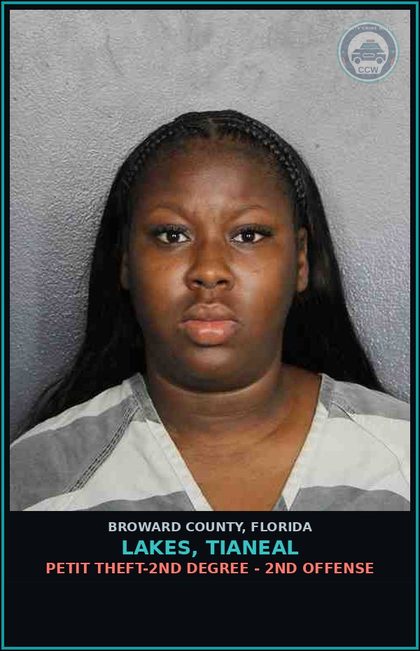 CCW arrest card for LAKES, TIANEAL in Broward County: PETIT THEFT-2ND DEGREE - 2ND OFFENSE