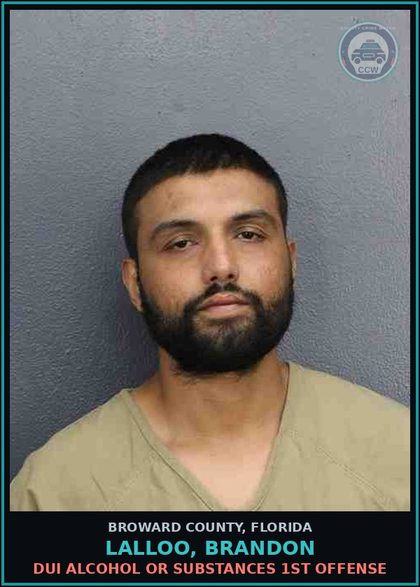 CCW arrest card for LALLOO, BRANDON in Broward County: DUI ALCOHOL OR DRUGS  1ST OFFENSE