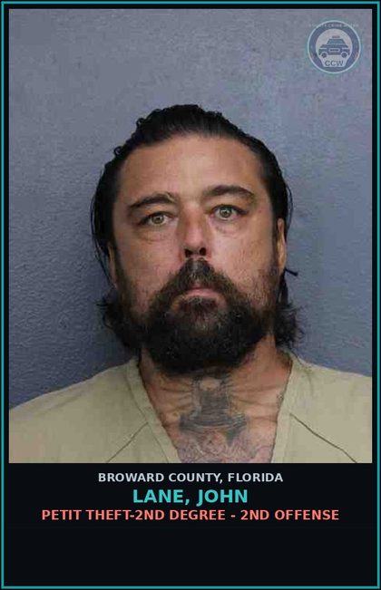 CCW arrest card for LANE, JOHN in Broward County: PETIT THEFT-2ND DEGREE - 2ND OFFENSE