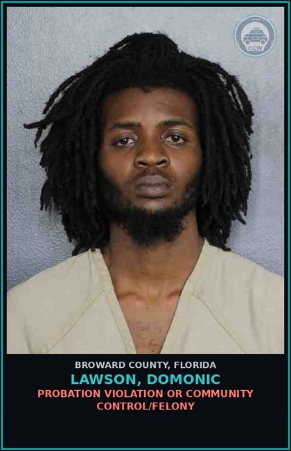 CCW arrest card for LAWSON, DOMONIC in Broward County: EXPIRED MTR VEH REGISTRATION OVER 6 MONTHS 1ST OFF