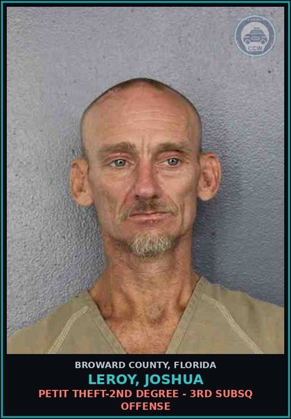 CCW arrest card for LEROY, JOSHUA in Broward County: PETIT THEFT-2ND DEGREE - 3RD SUBSQ OFFENSE
