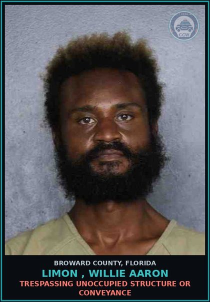 CCW arrest card for LIMON , WILLIE AARON in Broward County: TRESPASSING UNOCCUPIED STRUCTURE OR CONVEYANCE
