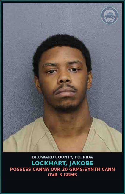 CCW arrest card for LOCKHART, JAKOBE in Broward County: POSSESS Canna OVR 20 GRMS/SYNTH CANN OVR 3 GRMS