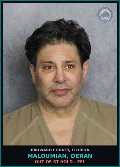 CCW arrest card for MALOUMIAN, DERAN in Broward County: OUT OF ST HOLD - FEL