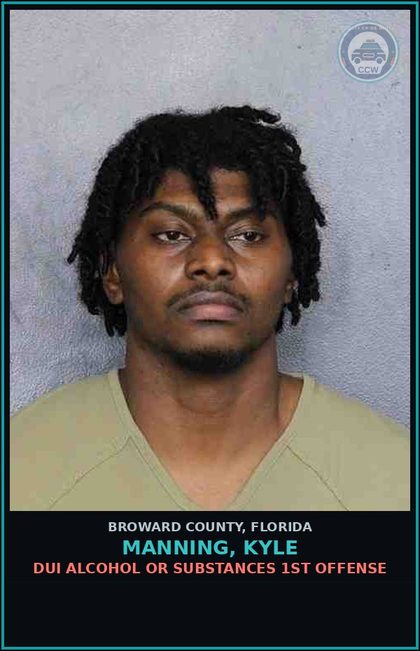 CCW arrest card for MANNING, KYLE in Broward County: DUI ALCOHOL OR DRUGS  1ST OFFENSE